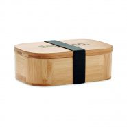 Bamboe lunchbox met uitneembaar tussenschot en nylon sluitelastiek. Alleen geschikt voor droge voeding en snacks. Inhoud: 650 ml.